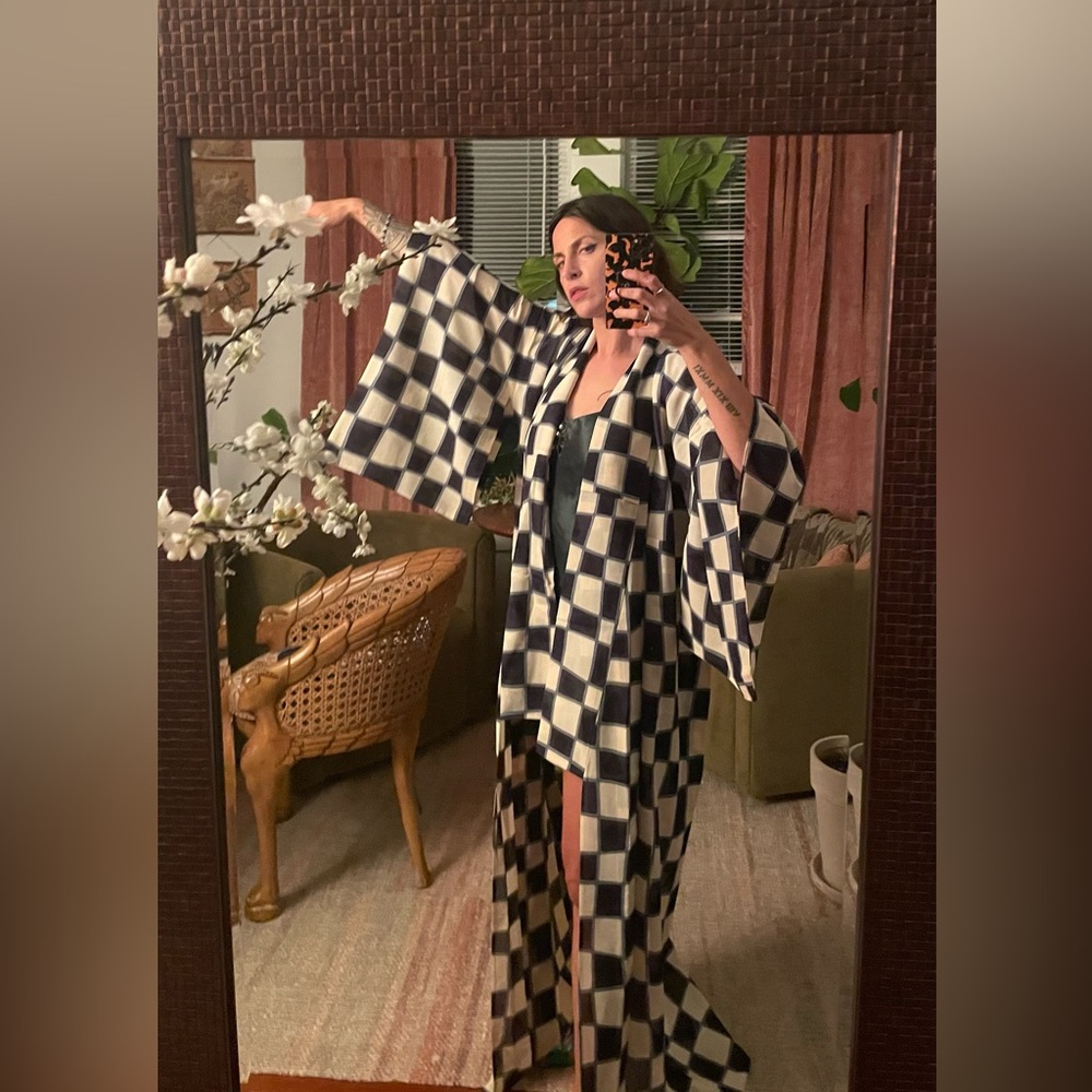 Antique sheer Sha Silk kimono psychedelic checkerboard transparent chess usomono - Picture 8 of 12
